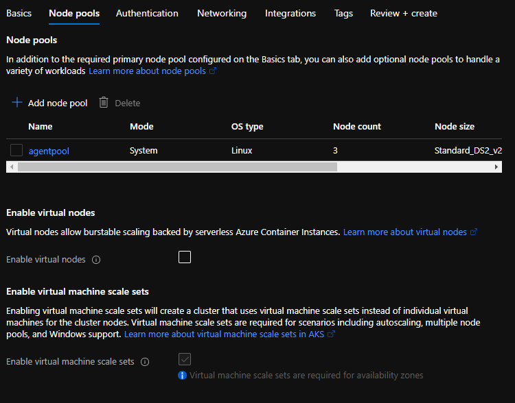 Create AKS cluster - Node pools, enable virtual nodes and enable virtual machine scale sets.